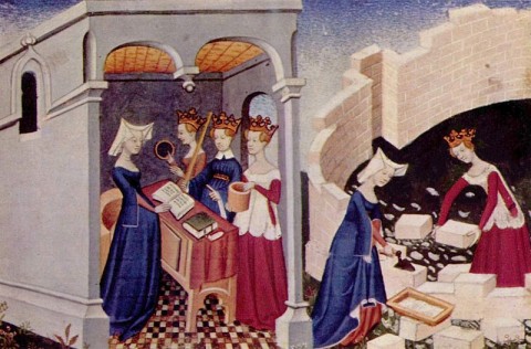 Illustration from The Book of the City of Ladies by the French Christine de Pizan who wrote the first known female utopia in Western Europe (allegorical fortified city for women) and inspired Aemilia Lanyer and Margareth Cavendish.